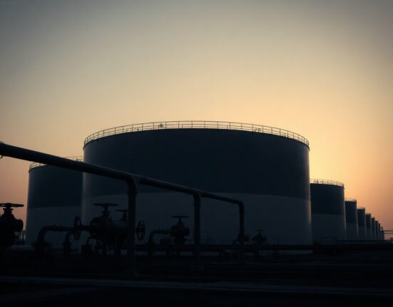 Crude oil storage tanks at an industrial facility, symbolizing supply concerns in the oil market.