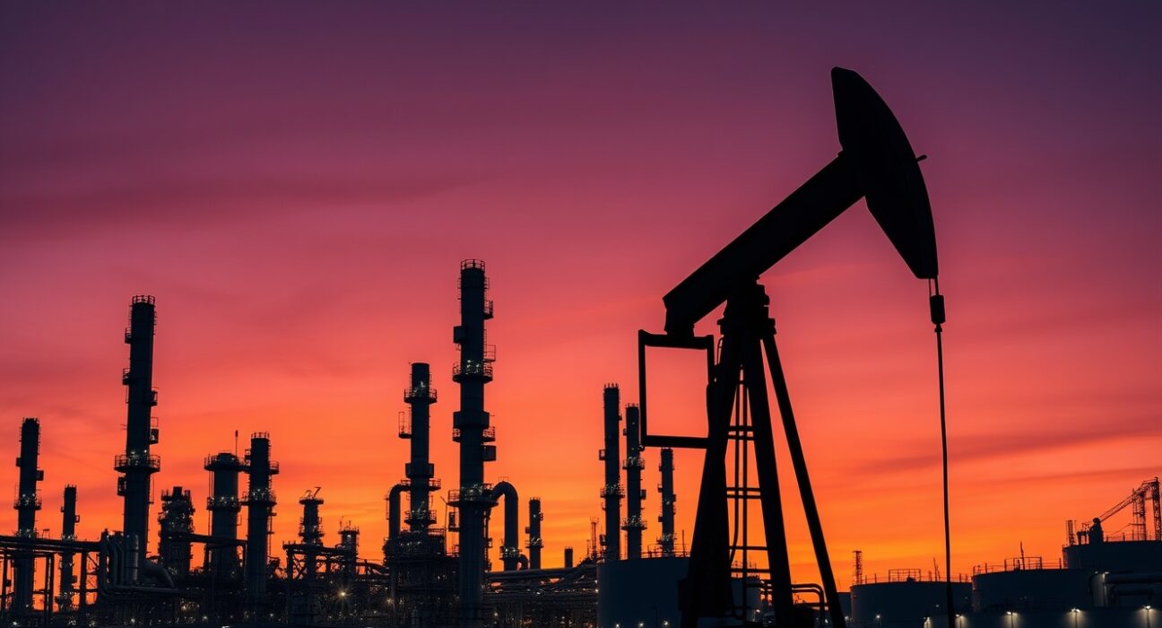Oil refinery at dusk with a pumpjack in the foreground, illustrating energy supply concerns.