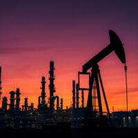 Oil refinery at dusk with a pumpjack in the foreground, illustrating energy supply concerns.