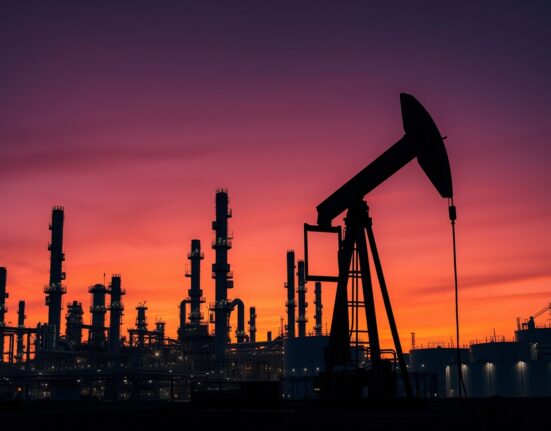 Oil refinery at dusk with a pumpjack in the foreground, illustrating energy supply concerns.