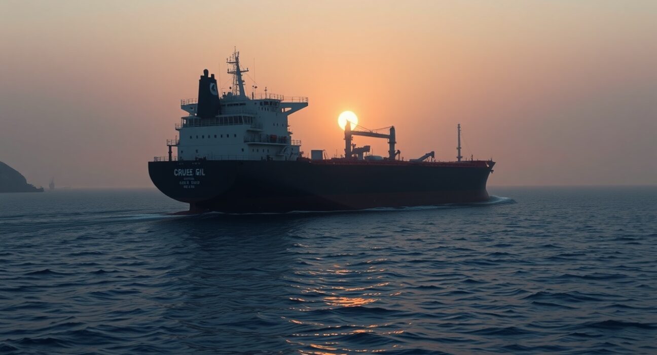 Oil tanker navigating a narrow strategic maritime strait at dusk