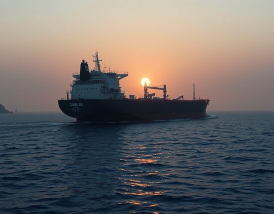 Oil tanker navigating a narrow strategic maritime strait at dusk