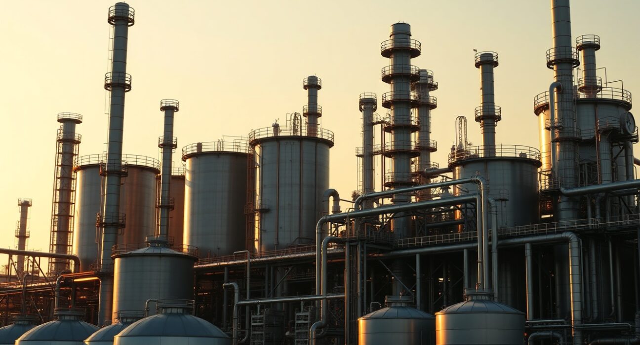 Oil refinery complex at sunset, representing industrial oil supply and production.