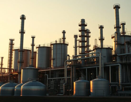 Oil refinery complex at sunset, representing industrial oil supply and production.