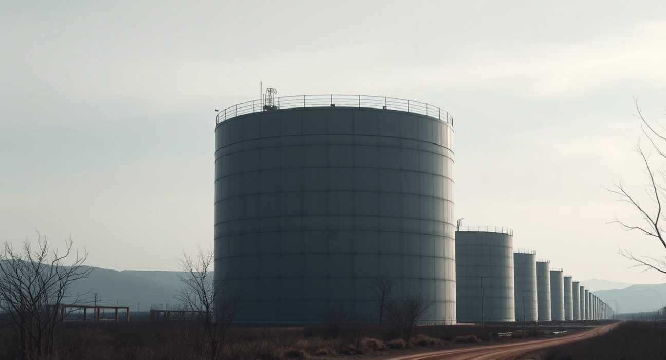 Large oil storage tanks at a facility under overcast sky, representing supply glut concerns.
