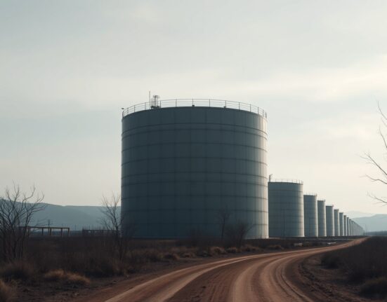 Large oil storage tanks at a facility under overcast sky, representing supply glut concerns.