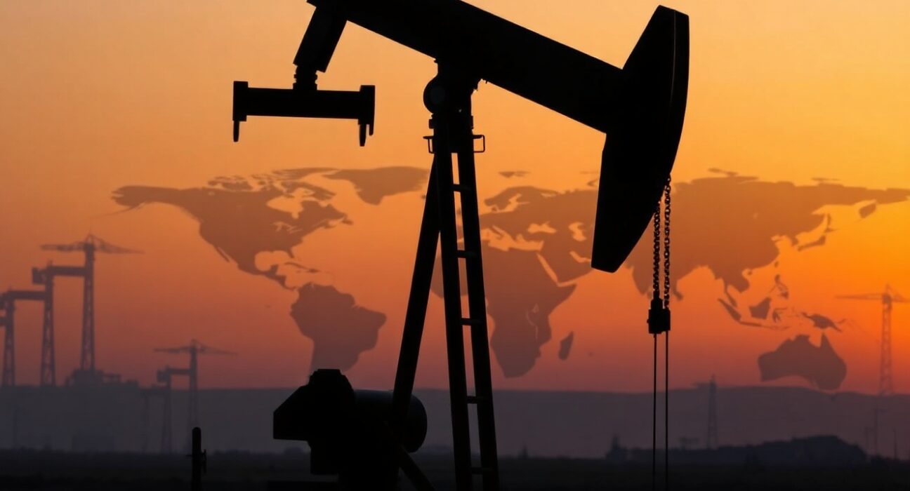 Oil pumpjack silhouette at dusk representing oil supply and geopolitical risks