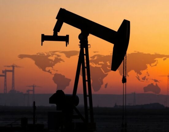 Oil pumpjack silhouette at dusk representing oil supply and geopolitical risks
