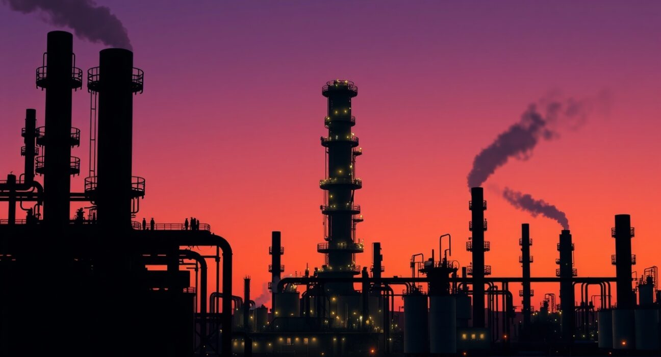 Oil refinery at dusk illustrating industrial capacity and market stability analysis from OCBC.