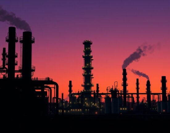 Oil refinery at dusk illustrating industrial capacity and market stability analysis from OCBC.