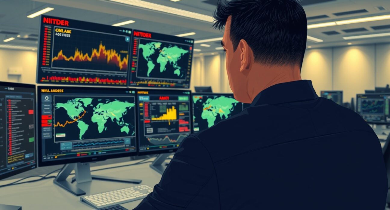 Energy analyst monitoring oil price charts and geopolitical maps, representing elevated supply risks and market volatility.