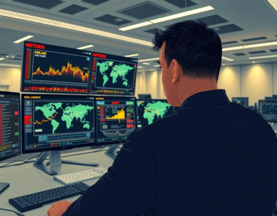 Energy analyst monitoring oil price charts and geopolitical maps, representing elevated supply risks and market volatility.