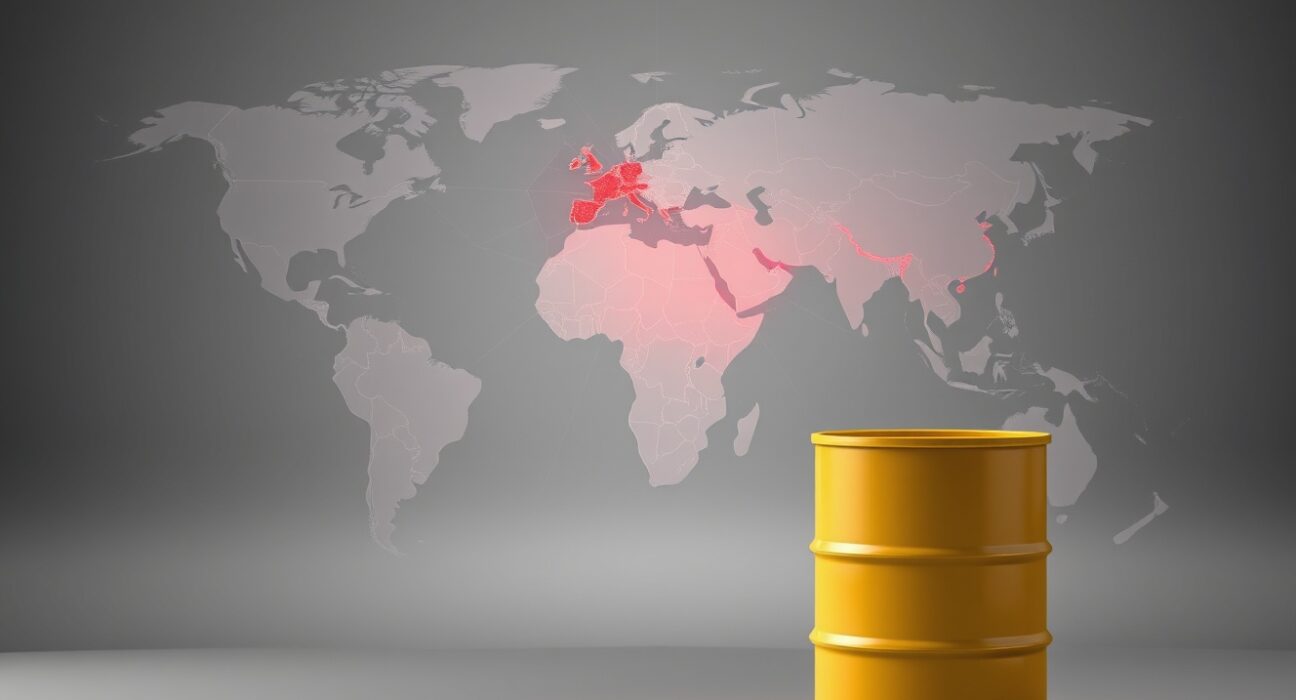Analytical visualization of global oil supply risks and fragile ceasefire tensions impacting energy markets.