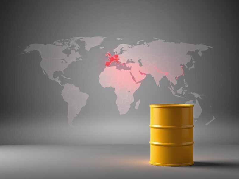 Analytical visualization of global oil supply risks and fragile ceasefire tensions impacting energy markets.