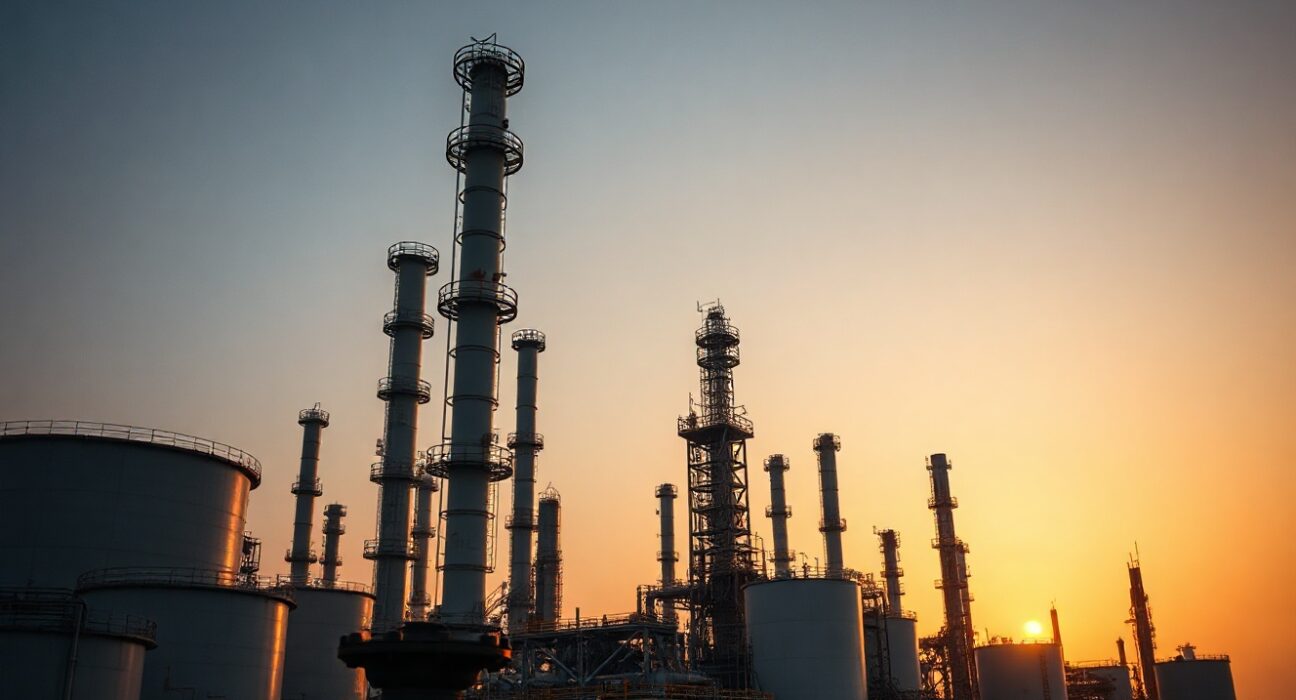 Oil refinery at dusk with storage tanks and distillation towers