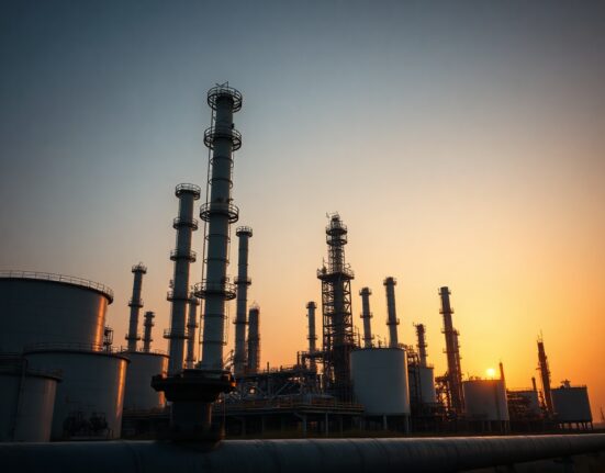 Oil refinery at dusk with storage tanks and distillation towers