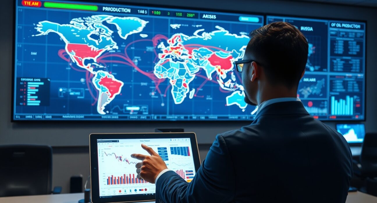 Energy analysts monitoring global oil supply risks and policy responses on digital world maps in