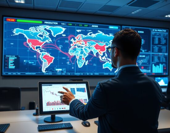 Energy analysts monitoring global oil supply risks and policy responses on digital world maps in