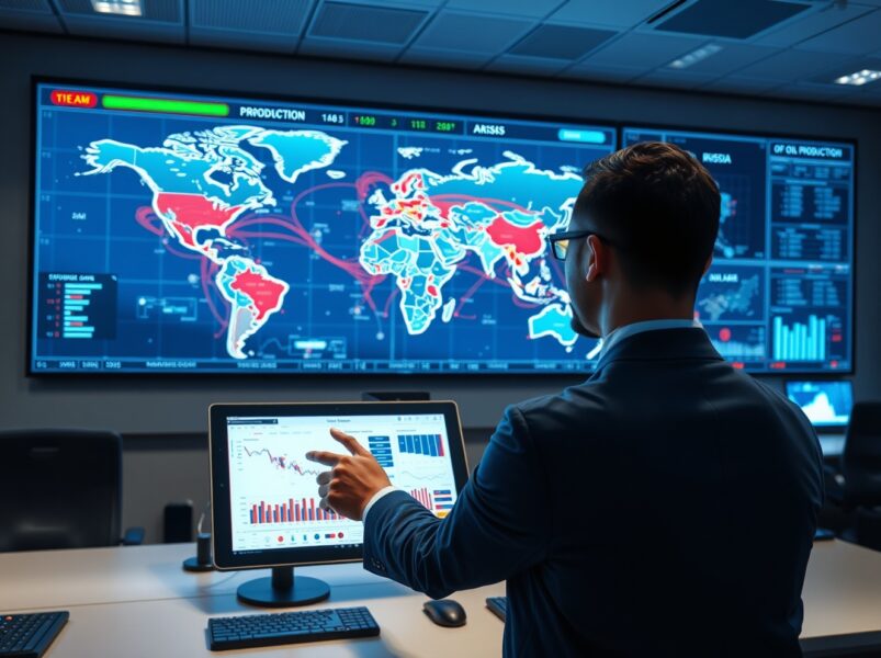 Energy analysts monitoring global oil supply risks and policy responses on digital world maps in command center