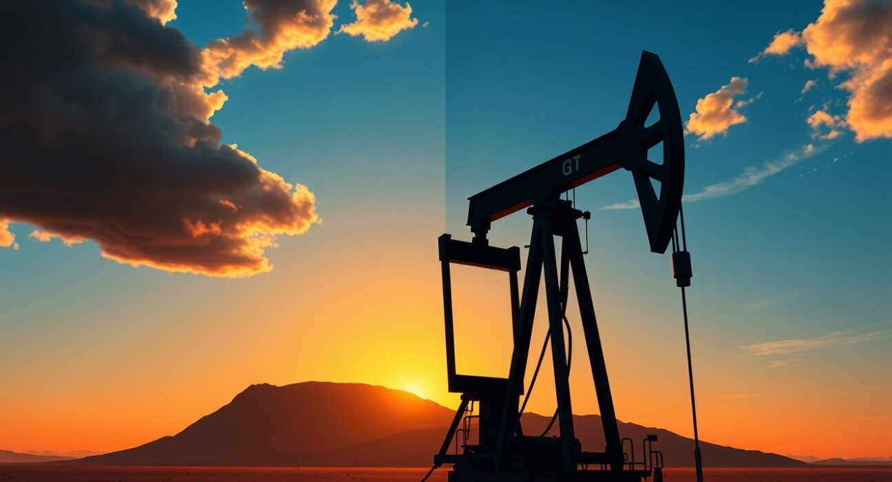 Oil supply risks and price path uncertainty illustrated by a pumpjack silhouette under a stormy sky