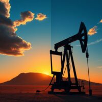 Oil supply risks and price path uncertainty illustrated by a pumpjack silhouette under a stormy sky