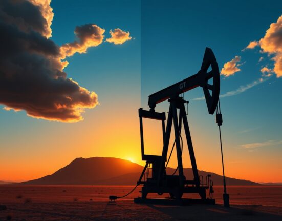 Oil supply risks and price path uncertainty illustrated by a pumpjack silhouette under a stormy sky