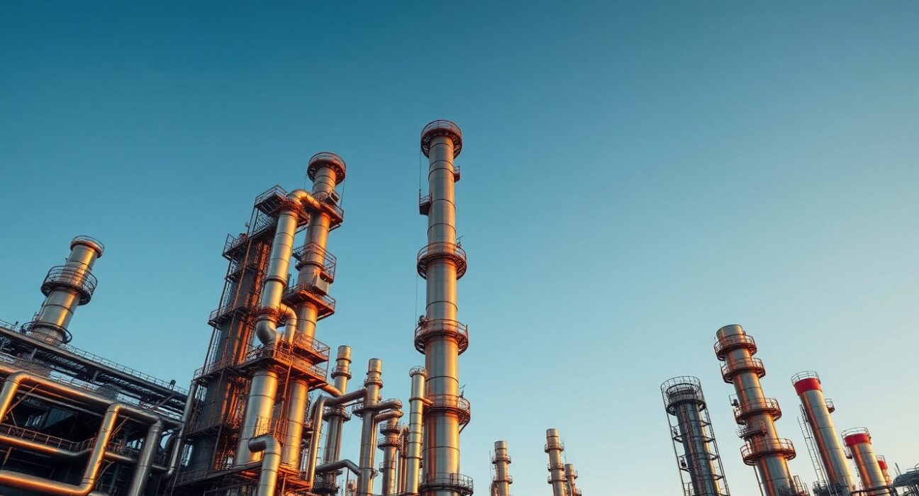 Oil refinery at dusk illustrating oil supply risks that support crude oil prices according to ING analysis