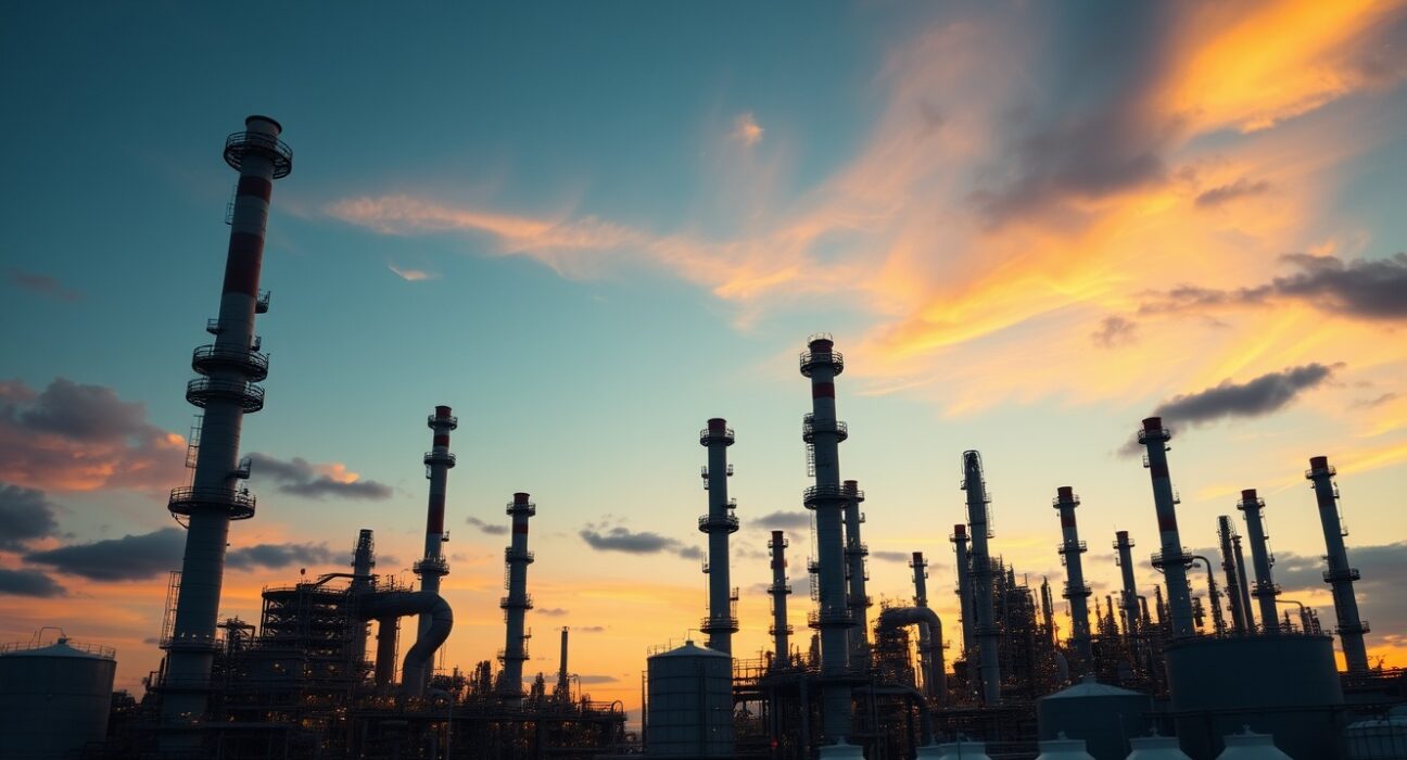 Oil refinery at dusk with towers and storage tanks under a cloudy sky, representing global crude supply risks.