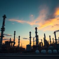 Oil refinery at dusk with towers and storage tanks under a cloudy sky, representing global crude supply risks.