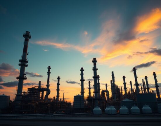 Oil refinery at dusk with towers and storage tanks under a cloudy sky, representing global crude supply risks.