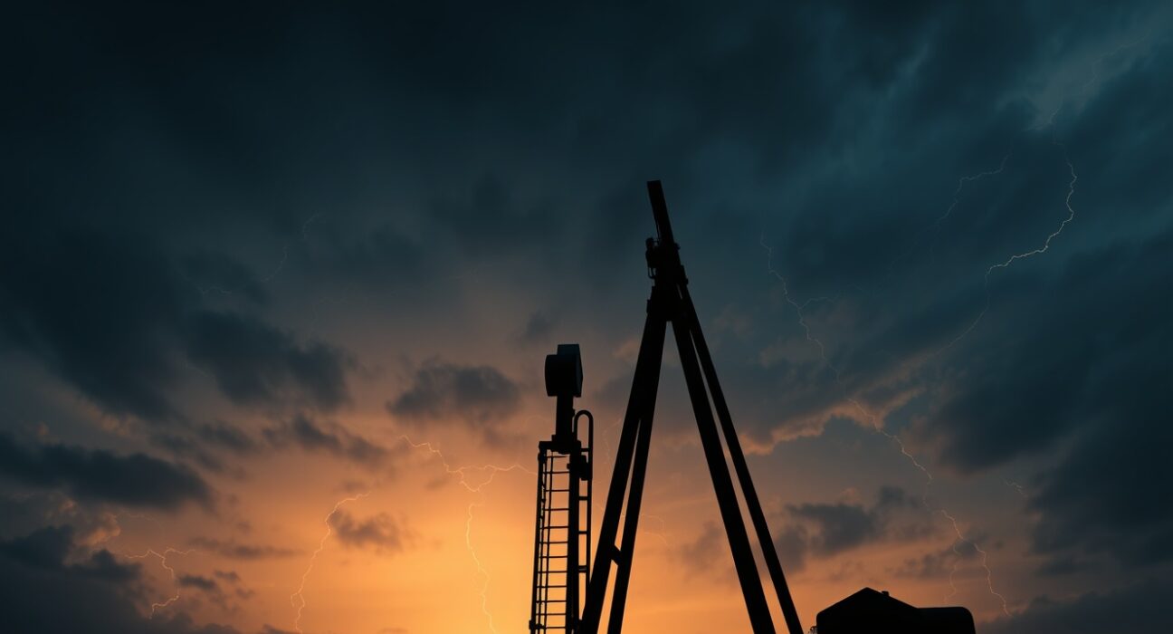 Oil pumpjack silhouetted against stormy sky representing oil supply risks and stagflation fears analyzed by Rabobank