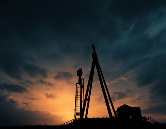 Oil pumpjack silhouetted against stormy sky representing oil supply risks and stagflation fears analyzed by Rabobank