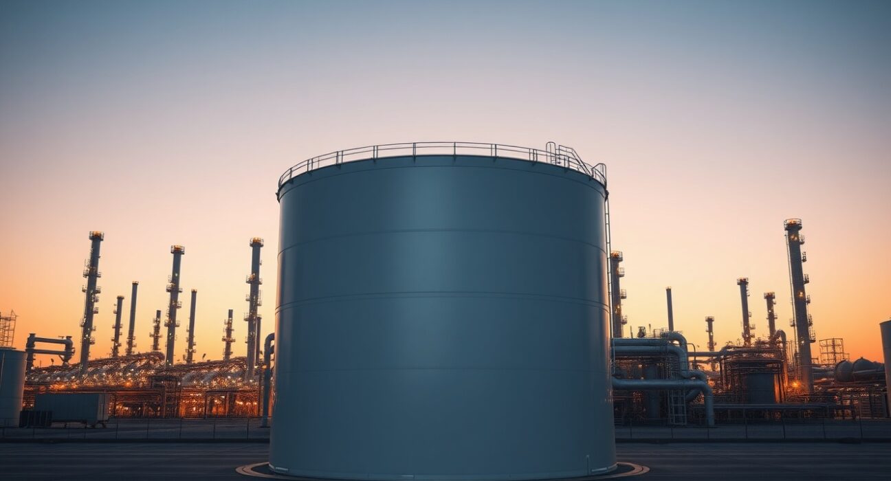 Oil storage tanks at refinery representing strategic petroleum reserves and supply security analysis