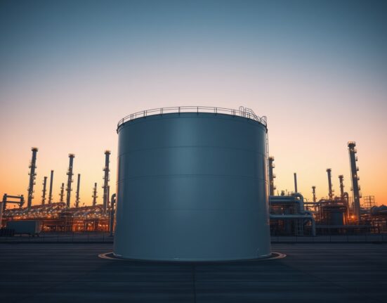 Oil storage tanks at refinery representing strategic petroleum reserves and supply security analysis