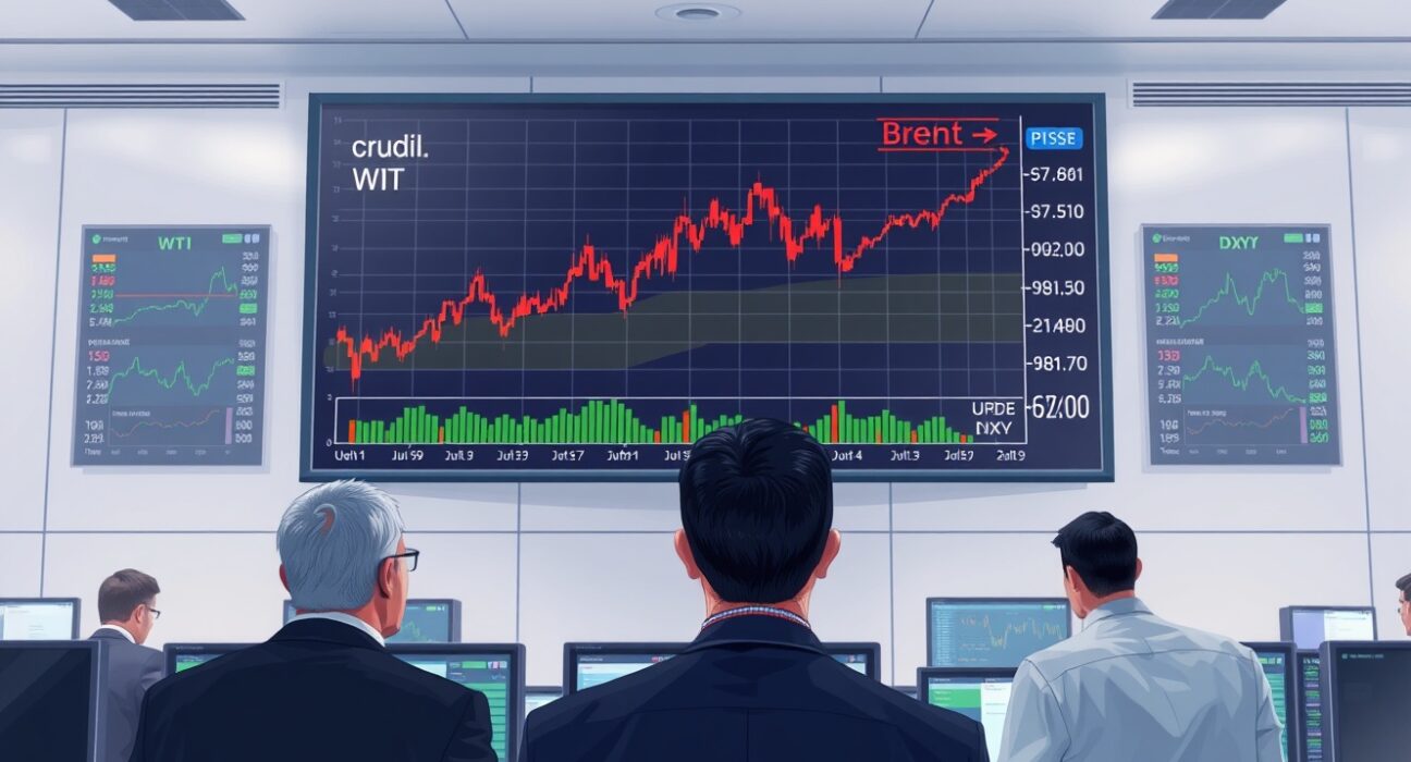 Analysis of oil price and US Dollar Index charts showing correlation on a financial trading desk.