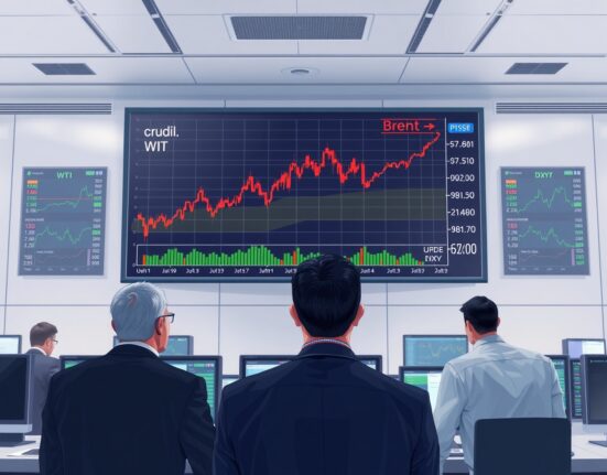 Analysis of oil price and US Dollar Index charts showing correlation on a financial trading desk.