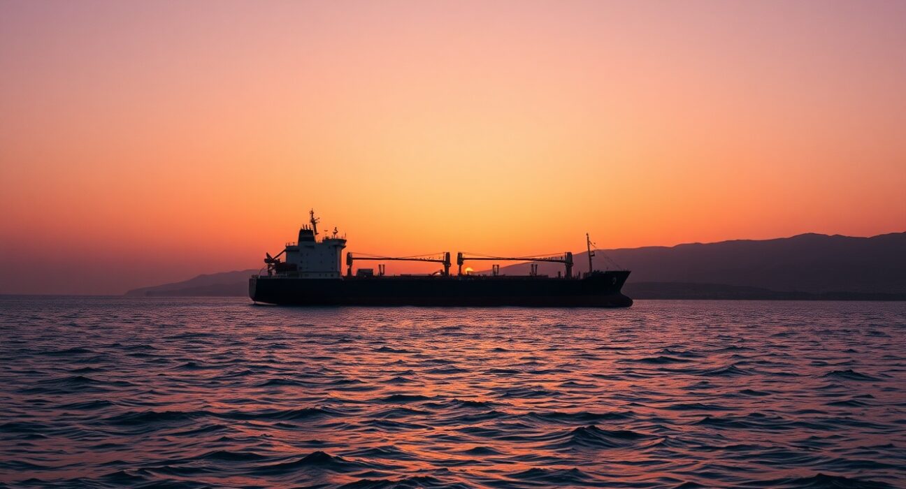 Oil tanker navigating the strategic Strait of Hormuz during a supply shock crisis