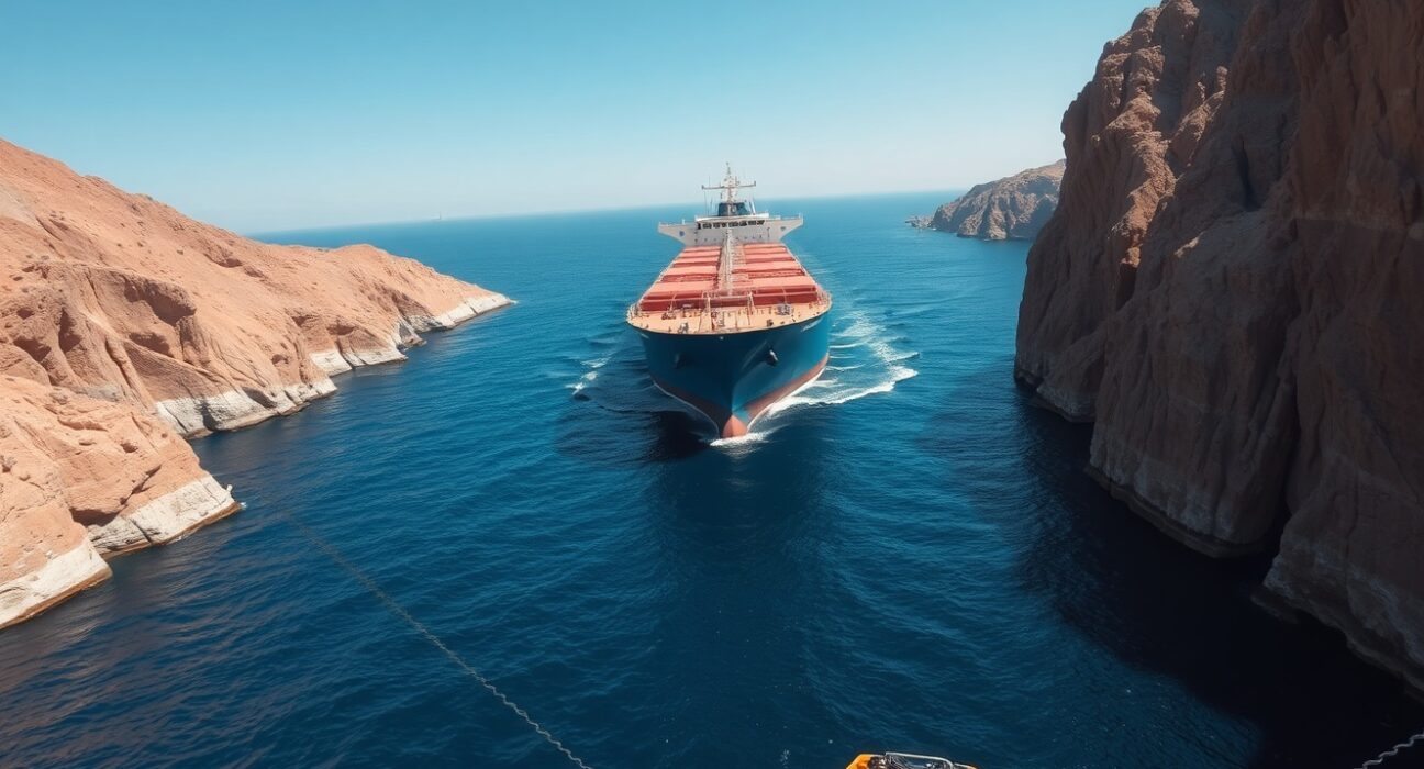 Oil tanker navigating the constrained Strait of Hormuz during a supply crisis.