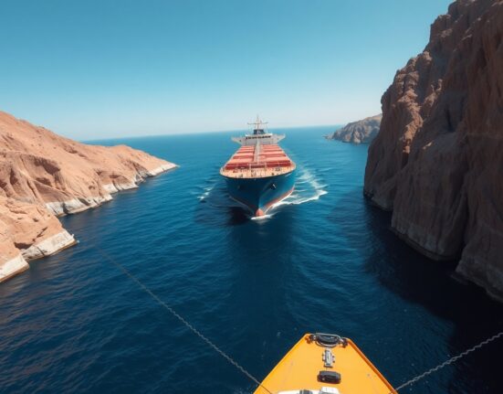 Oil tanker navigating the constrained Strait of Hormuz during a supply crisis.