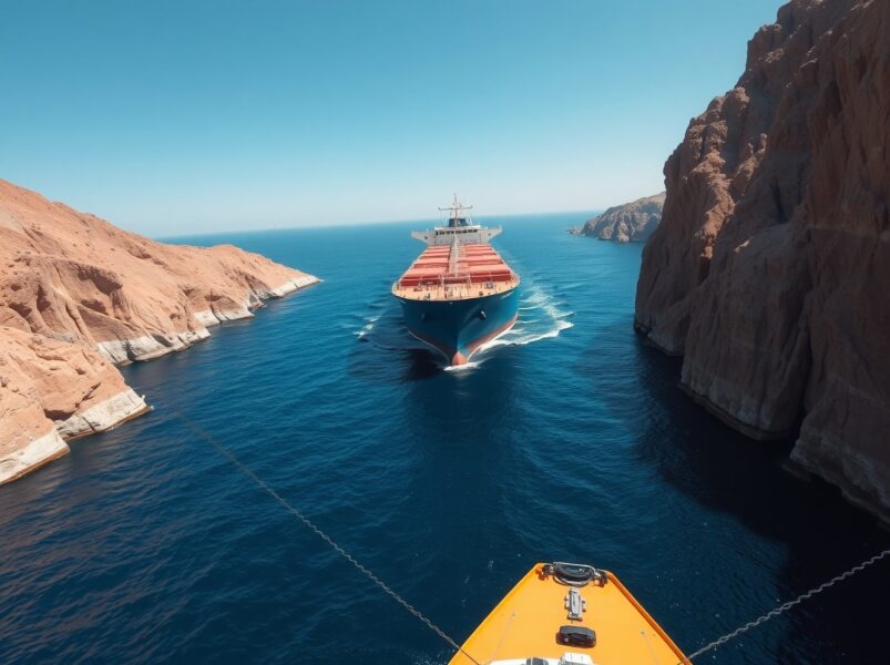 Oil tanker navigating the constrained Strait of Hormuz during a supply crisis.