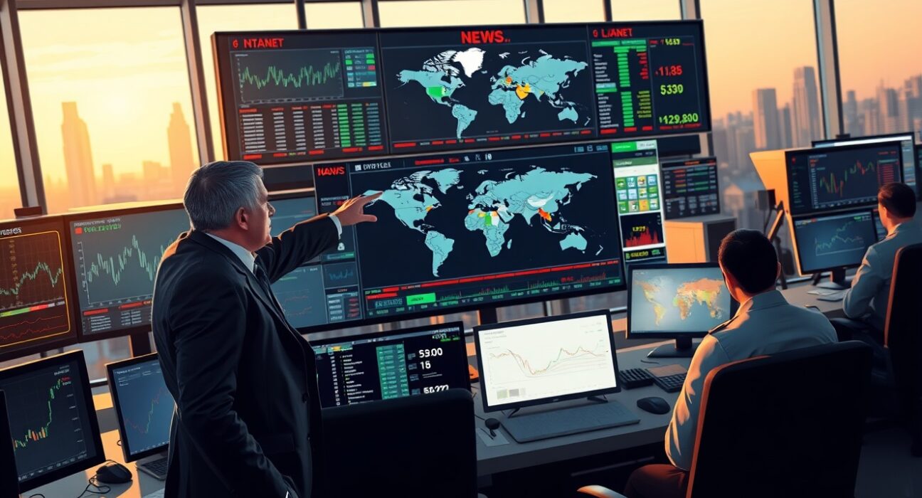 Oil market analysis showing trading floor monitoring crude prices amid supply shock concerns and IEA intervention.