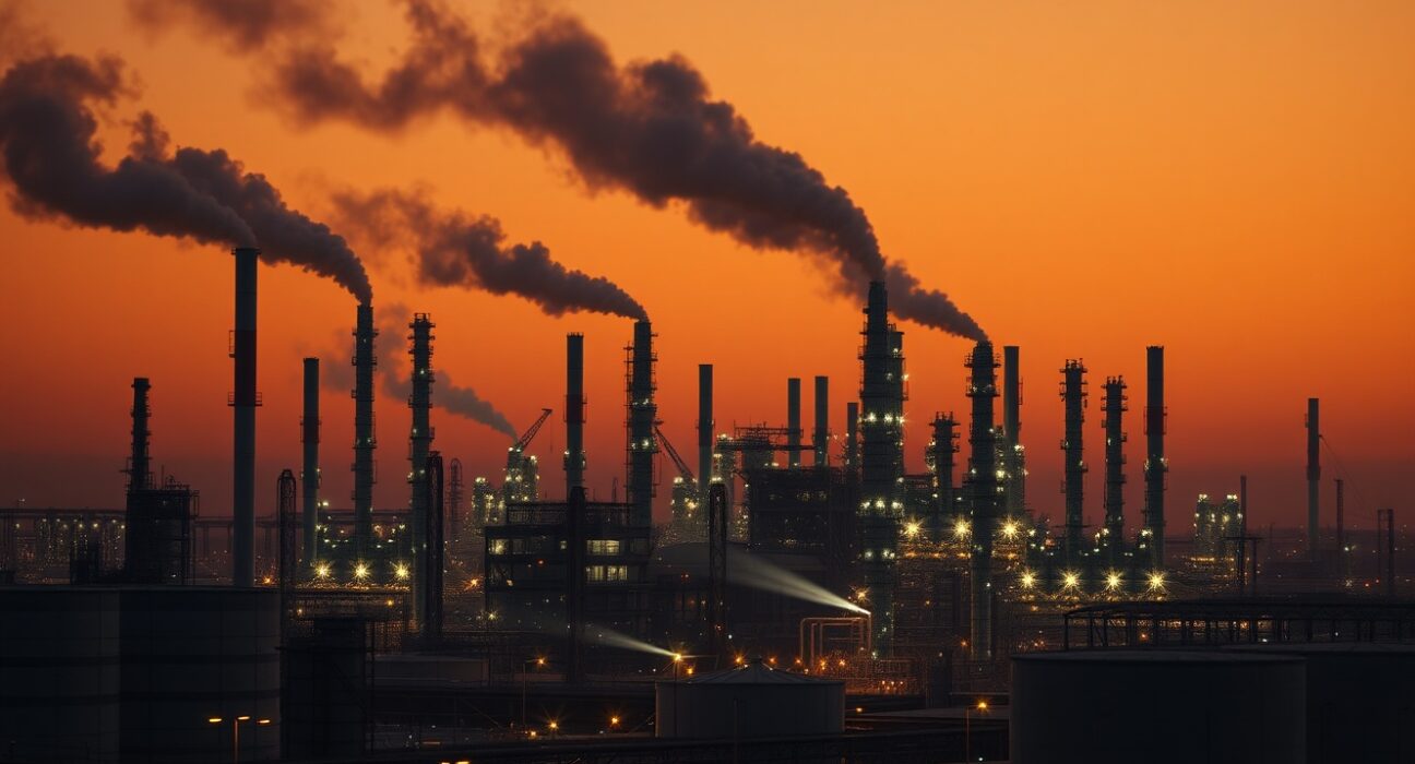 Oil refinery at dusk with smokestacks and storage tanks under a hazy orange sky