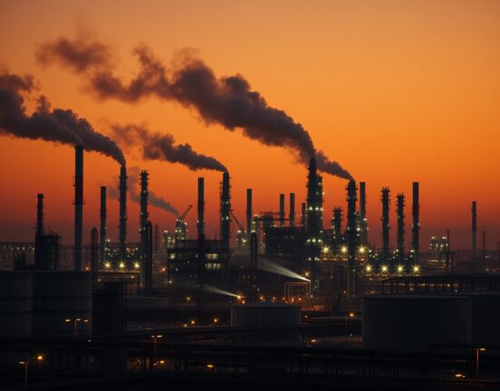 Oil refinery at dusk with smokestacks and storage tanks under a hazy orange sky
