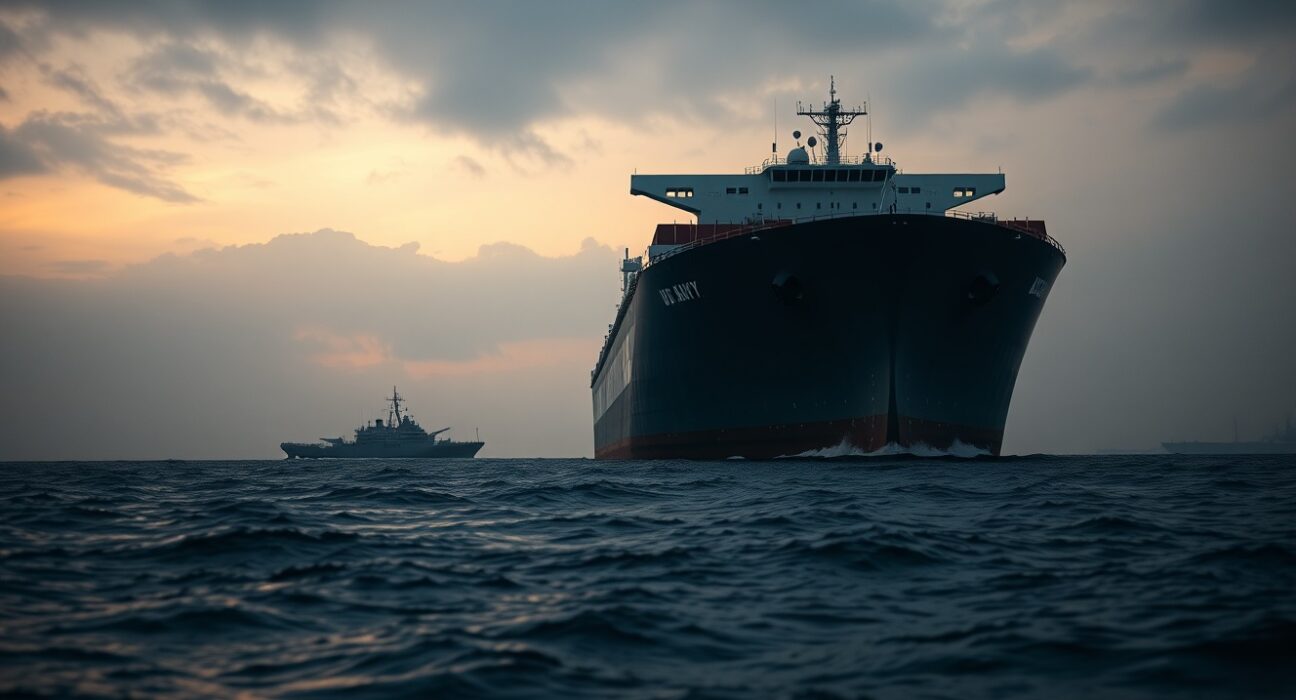 Oil tanker and naval vessel in the Strait of Hormuz during geopolitical blockade crisis.