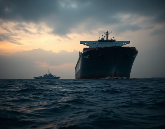 Oil tanker and naval vessel in the Strait of Hormuz during geopolitical blockade crisis.