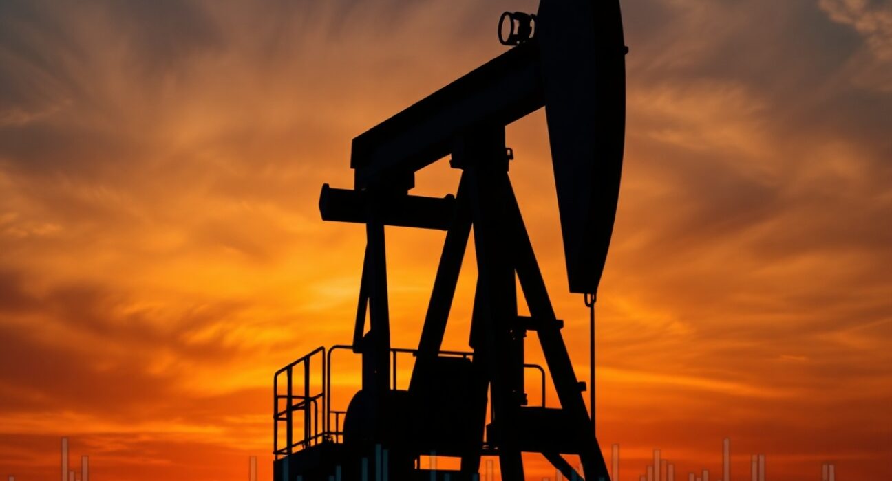 Oil pumpjack silhouette against sunset sky with financial charts overlay