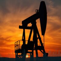 Oil pumpjack silhouette against sunset sky with financial charts overlay