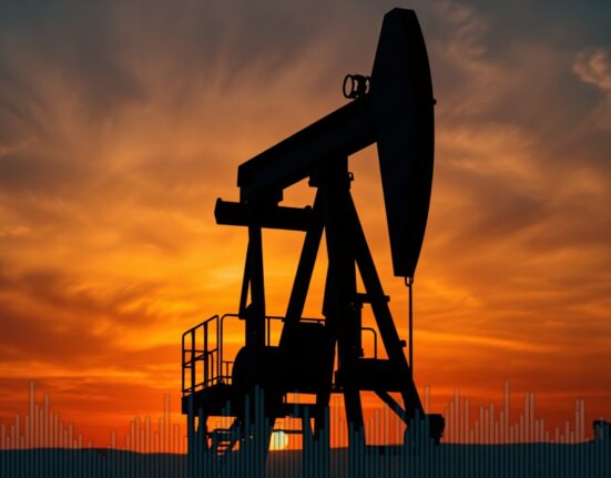 Oil pumpjack silhouette against sunset sky with financial charts overlay