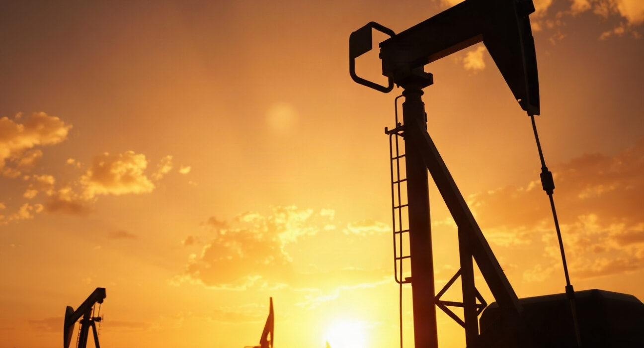 Oil pumpjack silhouetted against a sunset sky, representing the tight oil market and elevated Brent prices.