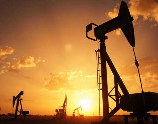 Oil pumpjack silhouetted against a sunset sky, representing the tight oil market and elevated Brent prices.